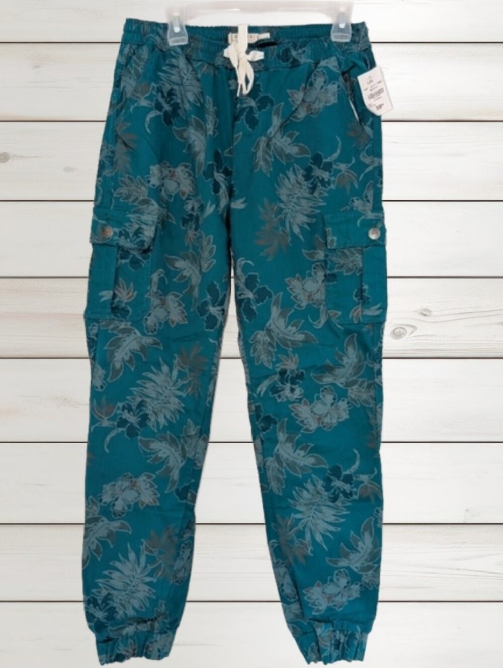Amnesia Floral Cargo Joggers NWT Size Large Teal Utility Pants Drawstring